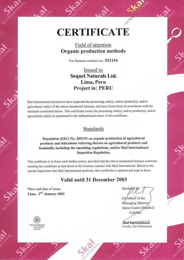Organic Certification (Post SKAL Sequel Certificate)